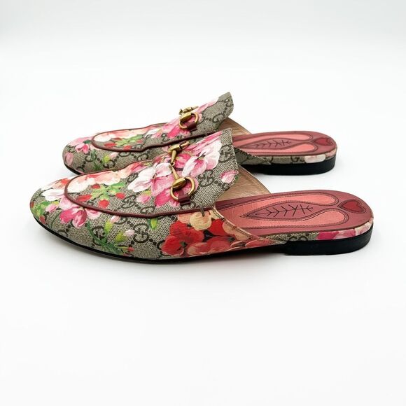 Gucci Princetown Pink Bloom Supreme GG Horsebit Mules Slippers Canvas Loafers - Picture 3 of 12
